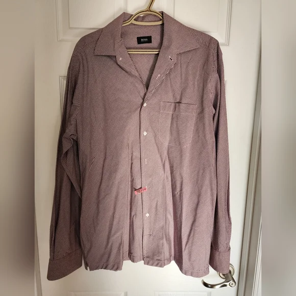 Boss Hugo Boss Burgundy and White Check Men's Dress Shirt RN 73618 Size 42/16.5 - Picture 1 of 6